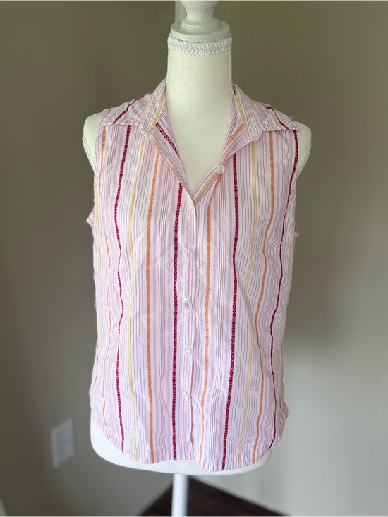 Columbia Tops - Vintage Columbia Sleeveless Pink Stripe Button-Up Shirt Collared Cotton Golf